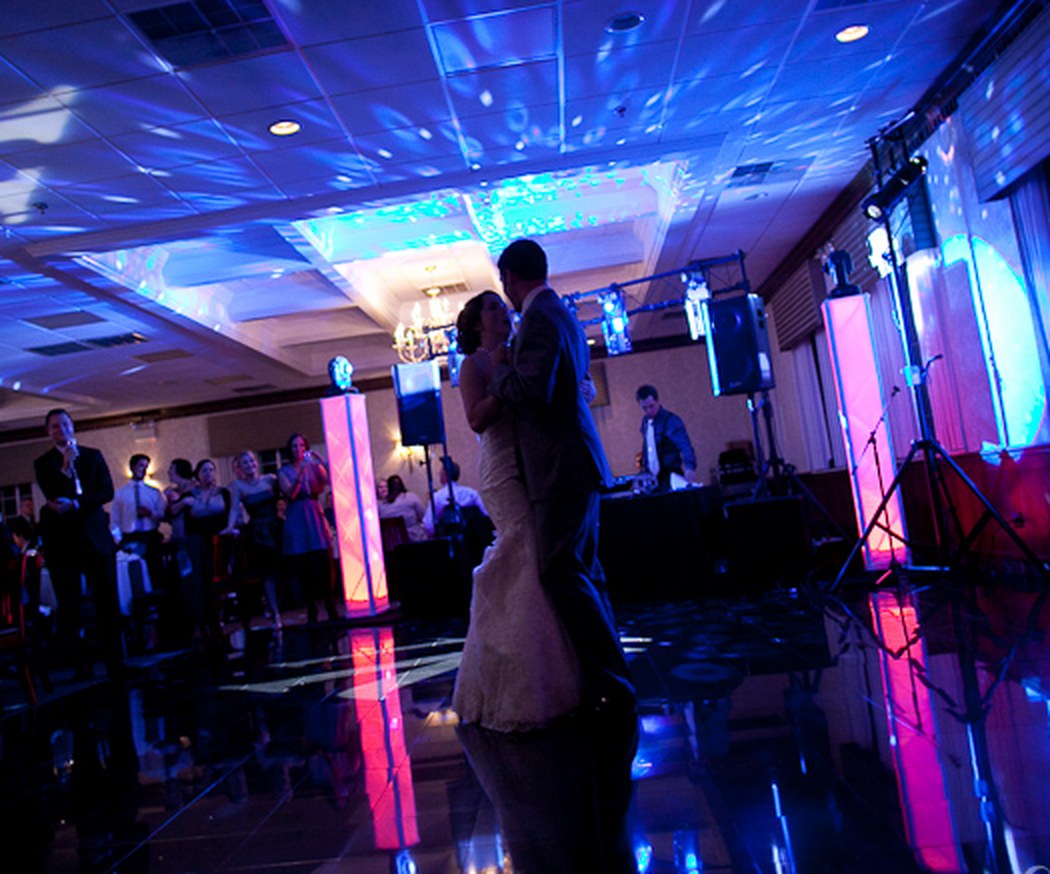 First dance with the Answer Back sound, uplighting, and DJ setup behind